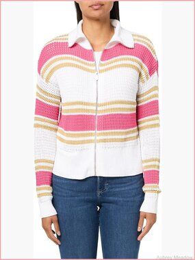 Mixed Stripe Zip Front Sweater Jacket - Midweight Cotton Knit